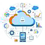 The icon representing ERP Solutions should creatively integrate elements that symbolize the diverse functionalities of leading software platforms like Salesforce HubSpot SAP Oracle and Workday This could include visual motifs such as interconnected g-1